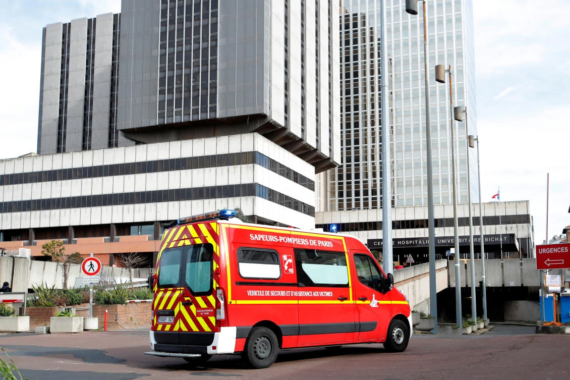 An emergency vehicle arrives at the Bichat Hospital in Paris, France, Feb. 15, 2020. (Reuters)