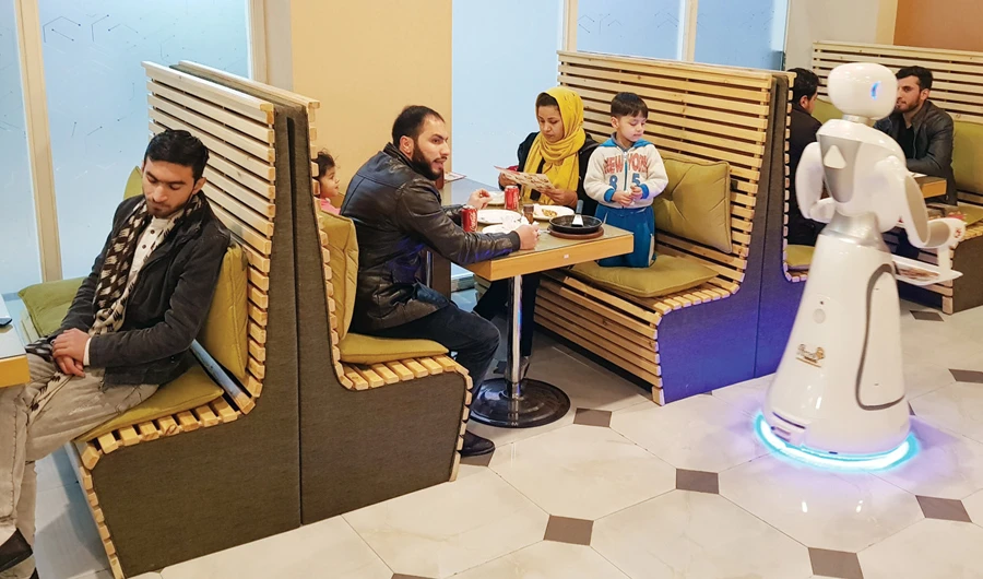 Weighing 30 kg, the petite 1.5-meter-tall robot has been designed to give the impression that she is wearing a headscarf. (AN photo by Sayed Salahuddin)