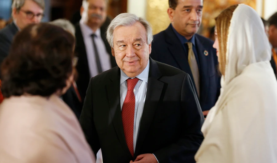 UN Secretary-General Antonio Guterres, center, arrives to attend a talk on Sustainable Development and Climate Change, in Islamabad, Pakistan, Sunday, Feb. 16, 2020. (AP)