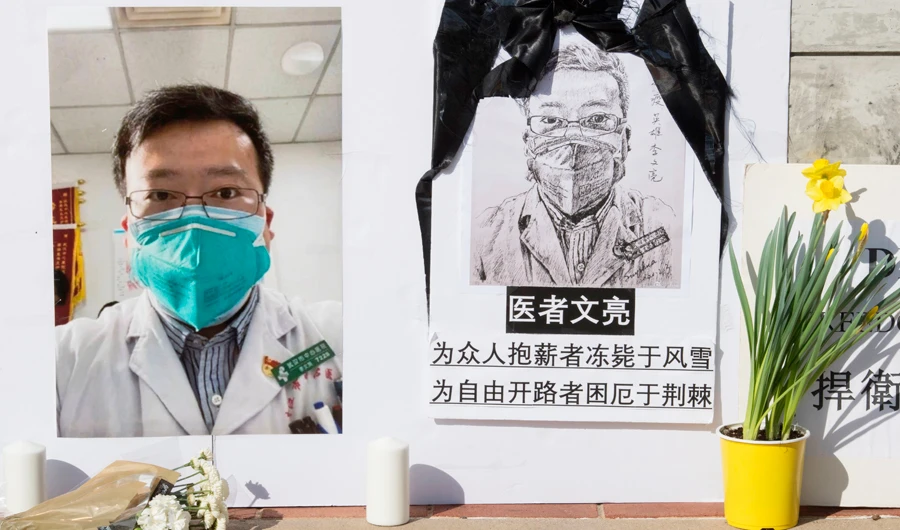 A memorial for Dr Li Wenliang, who was the whistleblower of the Coronavirus, Covid-19, that originated in Wuhan, China and caused the doctors death in that city, is pictured outside the UCLA campus in Westwood, California, on February 15, 2020. (AFP)
