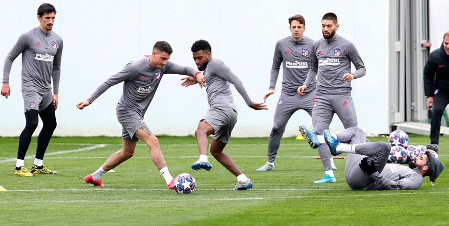 Atletico Madrid players attend a training session in Majadahonda, Spain. AP