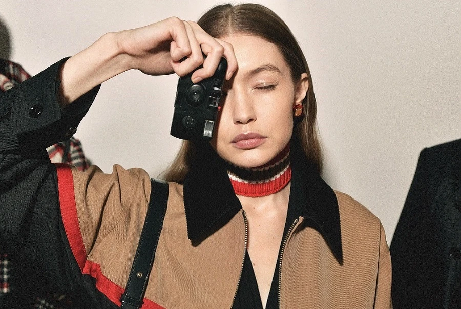 Gigi Hadid backstage at the Burberry fall 2020 show. (Supplied)