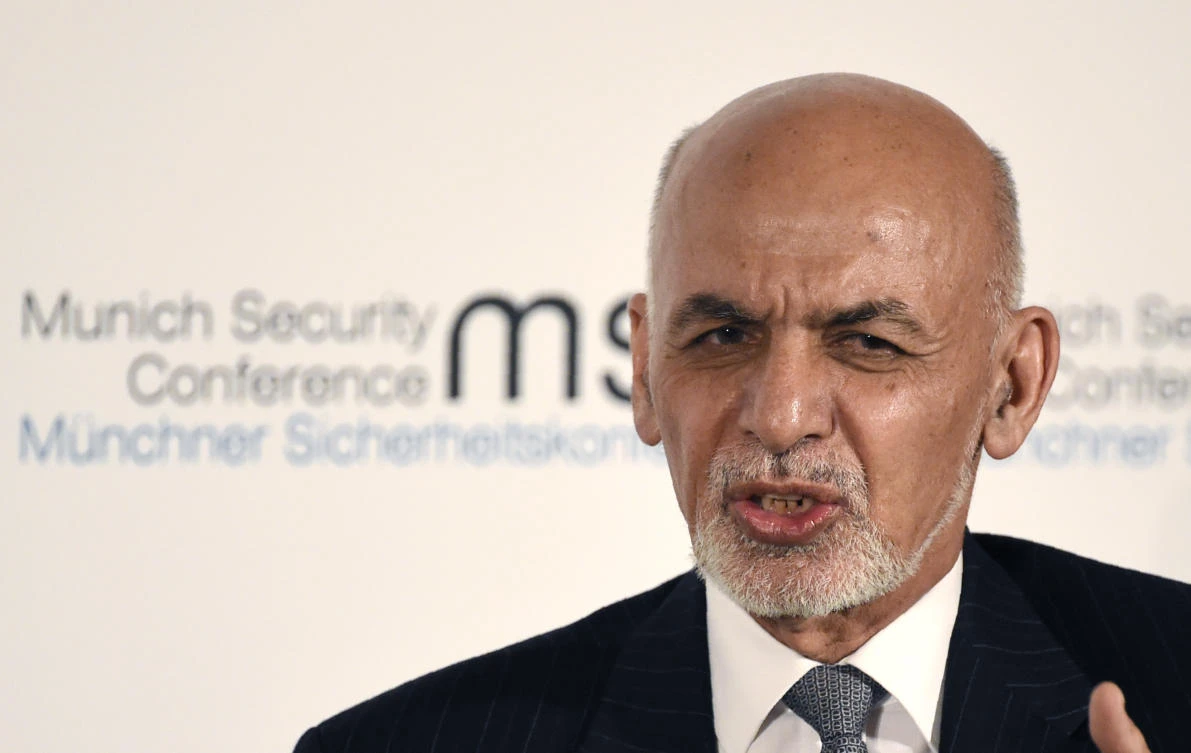 Afghan President Ashraf Ghani speaks on the second day of the Munich Security Conference in Munich, Germany, Saturday, Feb. 15, 2020. (AP)