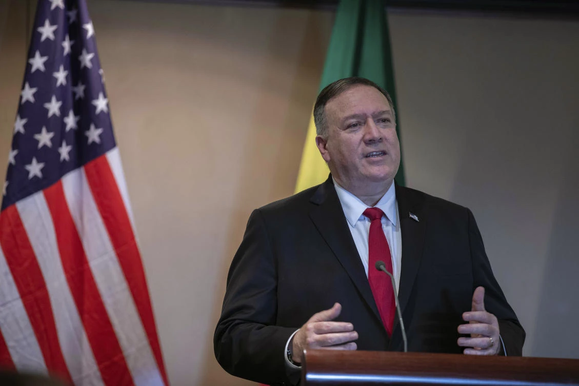 US Secretary of State Mike Pompeo speaks during a joint press conference with Ethiopian Foreign Minister Gedu Andargachew at the Sheraton Hotel, in Addis Ababa, Ethiopia, Tuesday Feb. 18, 2020. (AP)
