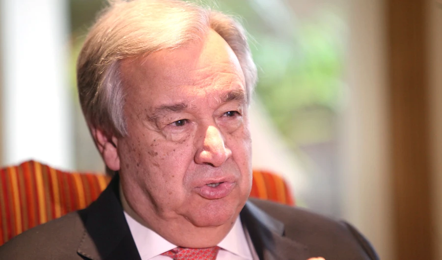 UN Secretary General Antonio Guterres speaks to The Associated Press in Lahore, Pakistan, Tuesday, Feb. 18, 2020. (AP)