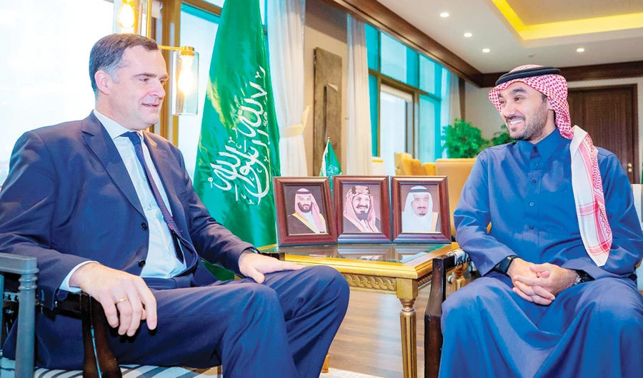 Prince Abdul Aziz bin Turki Al-Faisal, chairman of the General Sports Authority, received French Foreign Ministry official Christophe Farno in Riyadh. (SPA)