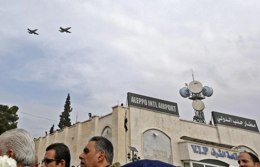 Members of the Syrian ministries of information and tourism as well as a group of journalists arrive on February 18, 2020 in Aleppo. (File/AFP)
