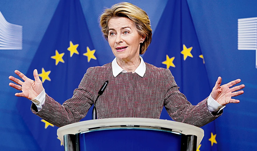 European Commission President Ursula von der Leyen speaks during a press conference in Brussels on Wednesday. (AFP)