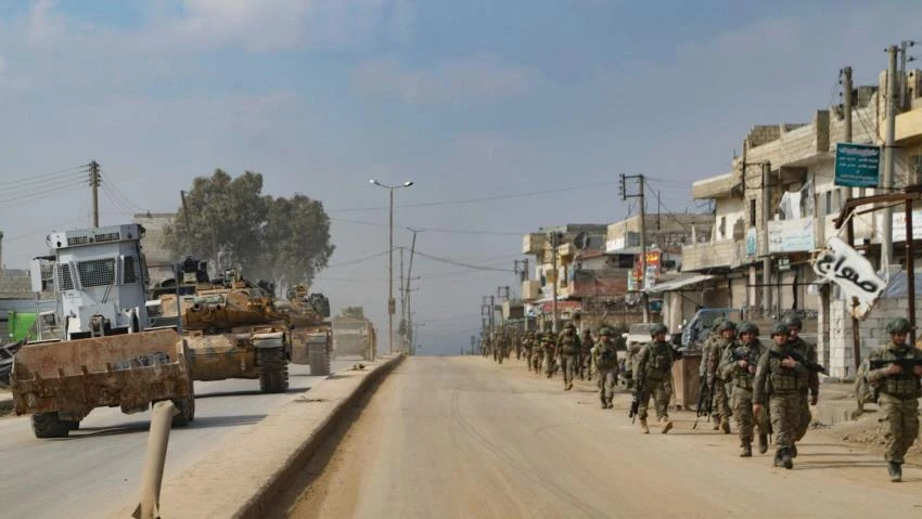 Turkish troops patrol the town of Atareb in Syria’s Aleppo province. (Getty Images)