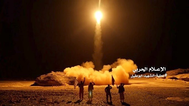 An image grab taken from a video handed out by Yemen's Houthi militia on March 27, 2018 shows what appears to be Houuthi orces launching a ballistic missile from Sanaa. (AFP file photo)