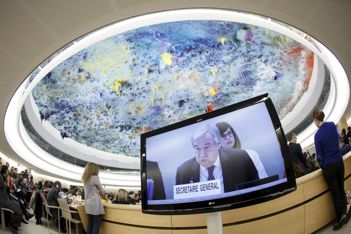 UN Secretary-General Antonio Guterres said he wanted to speak out now because ‘human rights are under assault.’ Above, Guterres speaks at the Human Rights Council session in Geneva. (AFP)