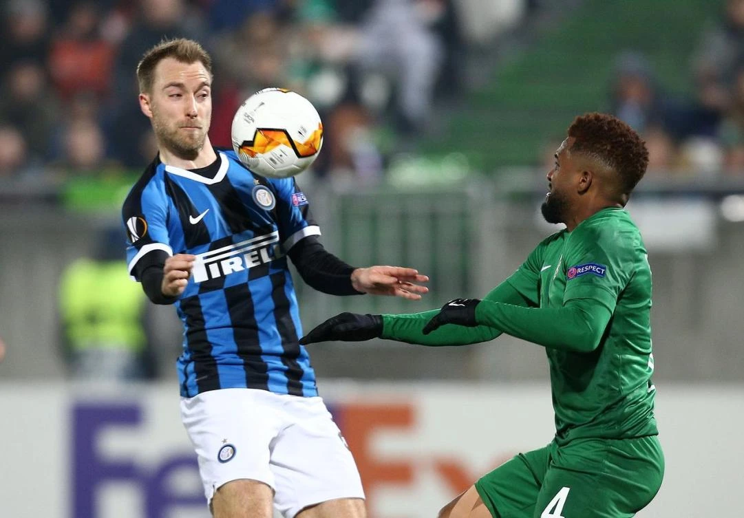Inter Milan’s Christian Eriksen in action with Ludogorets Razgrad’s Cicinho in the Europa League Round of 32 First Leg at the Ludogorets Arena, Razgrad, Bulgaria. (Reuters)
