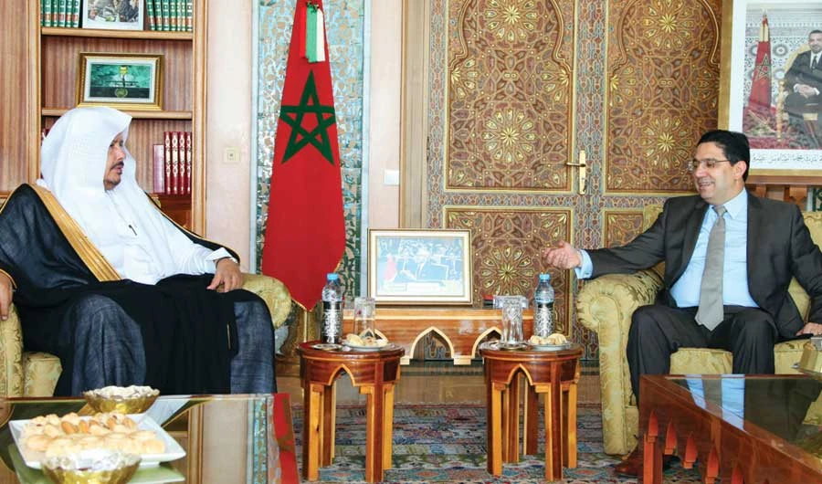 Saudi Shoura Council Speaker Dr. Abdullah Al-Asheikh holds talks with Nasser Bourita, Morocco’s minister of foreign affairs, in Rabat. (SPA)