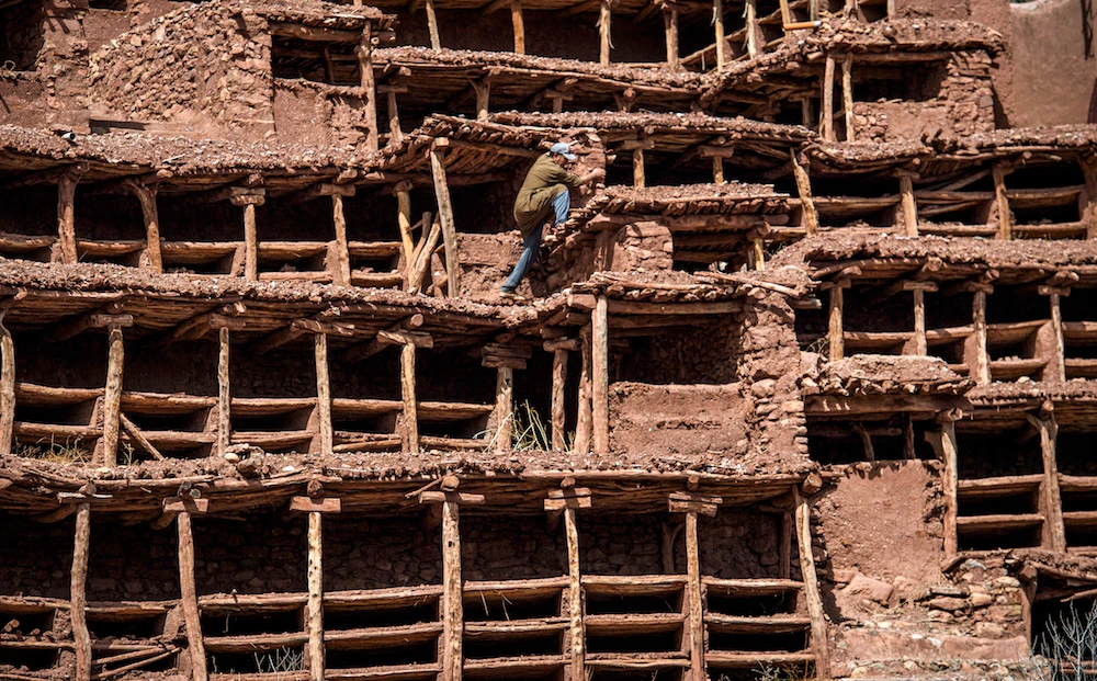 A beekeeper works at the Inzerki Apiary in the village of Inzerki, 82 km north of Agadir, in the Souss-Massa region on February 25, 2020. (AFP)
