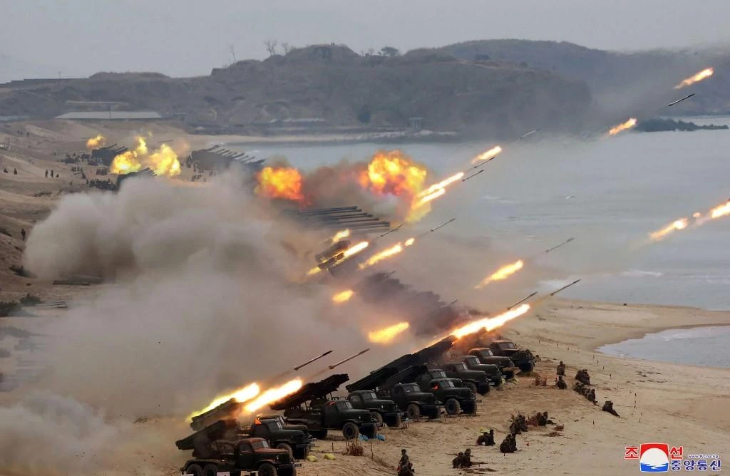 The launches from an area near Wonsan came two days after North Korea’s state media said leader Kim Jong Un supervised an artillery drill aimed at testing the combat readiness of units in front-line and eastern areas. The image was released by North Korea’s News Agency. (File/AFP)