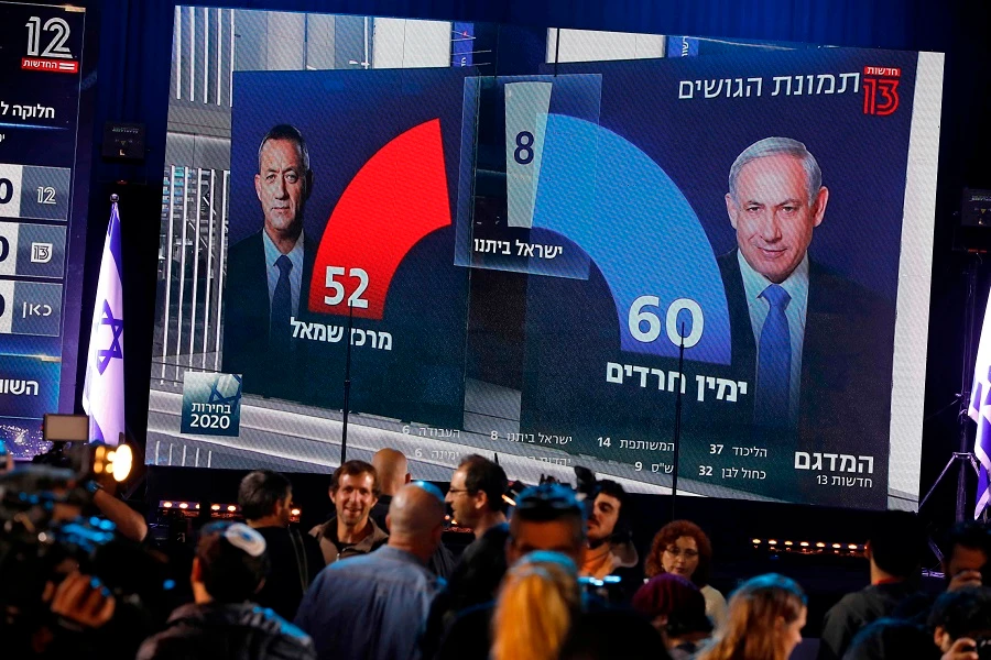 Above, Israel’s Channel 13 broadcasts an exit poll prediction after elections closed this picture taken on March 2, 2020. (AFP)