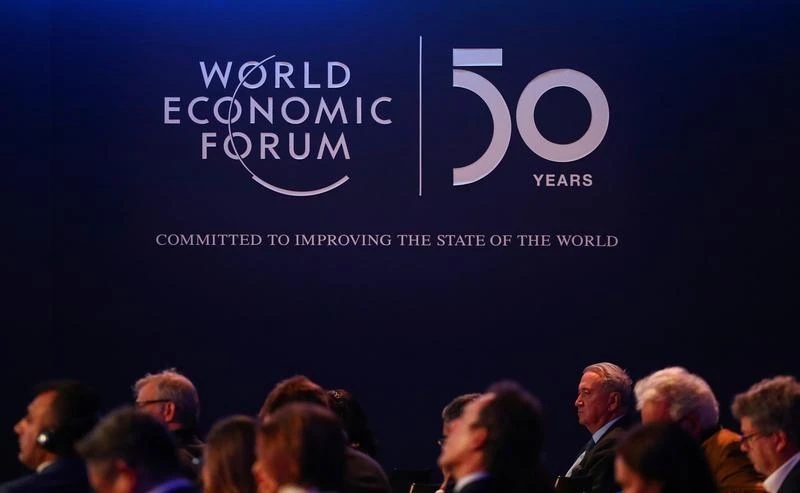 A logo of the World Economic Forum (WEF) is pictured during a session in Davos, Switzerland, January 22, 2020. (Reuters)