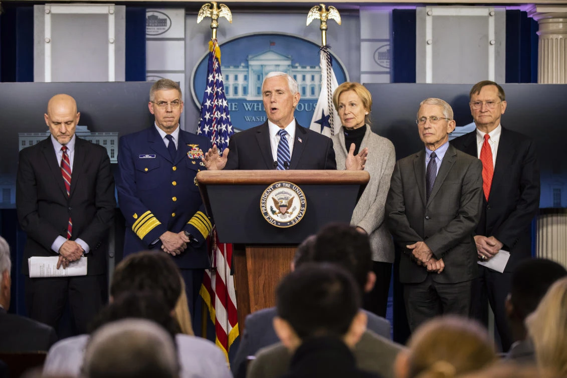 Vice President Mike Pence with, from left, US Food and Drug Administration Commissioner Stephen Hahn, Coast Guard Vice Adm. (AP)