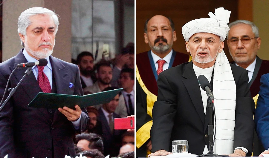 Former Afghan Chief Executive Officer Abdullah Abdullah (L) takes an oath during a parallel swearing-in inauguration ceremony at the Sapedar Palace in Kabul. Afghan President Ashraf Ghani (R) during his swearing-oath inauguration ceremony as the country's leader, at the Presidential Palace in Kabul on March 9, 2020. (AFP)
