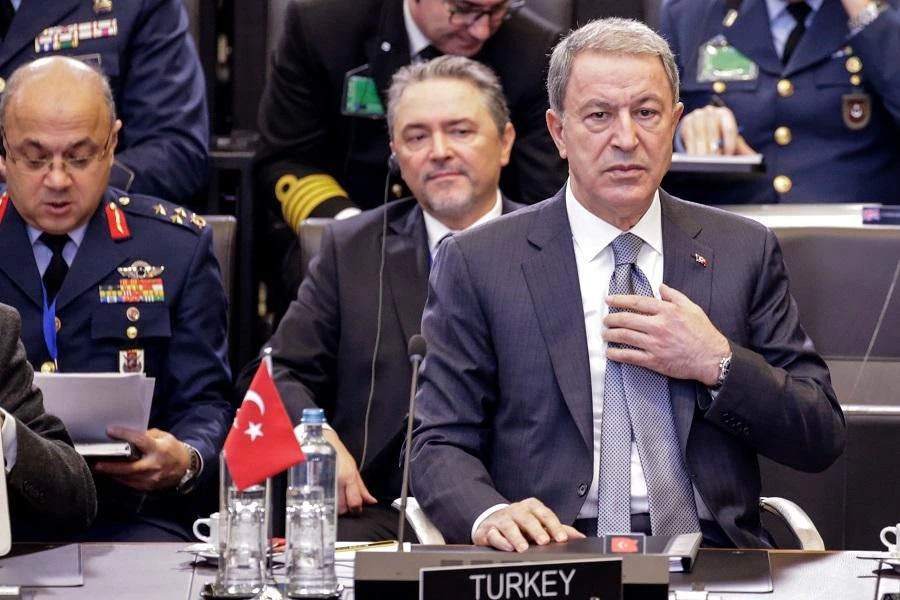 Turkish National Defense Minister Hulusi Akar attends a NATO defense ministers meeting in Brussels on February 13, 2020. (File/AFP)