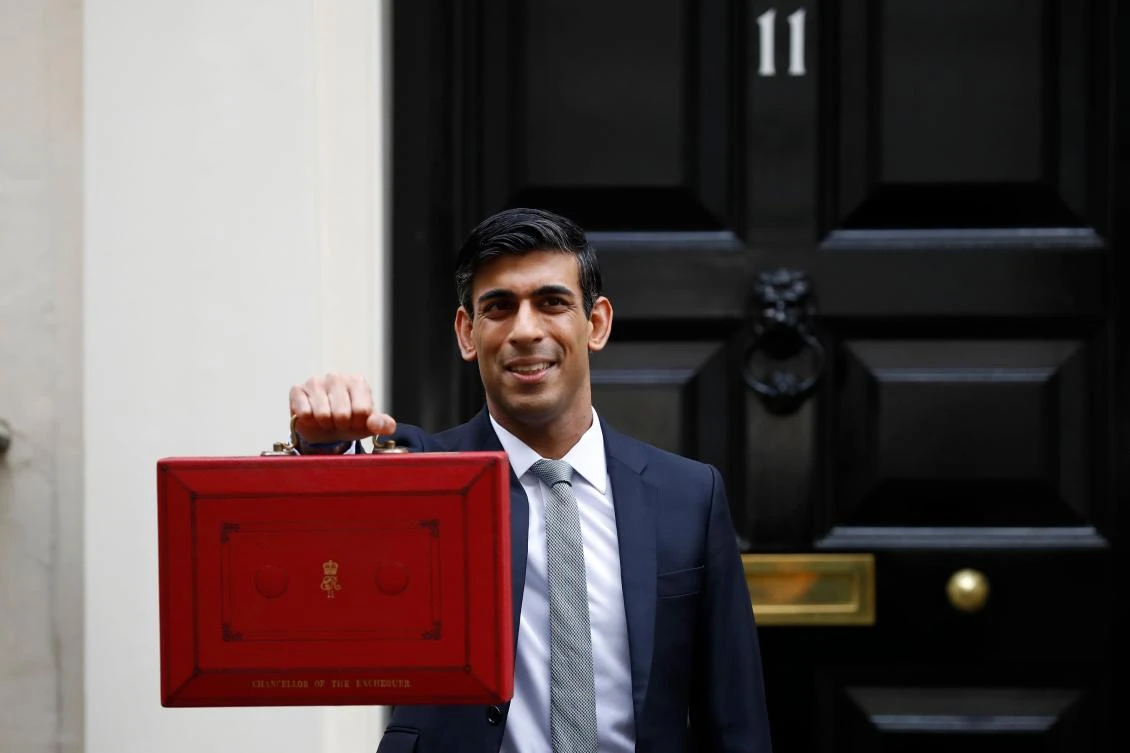 Britain’s Chancellor of the Exchequer Rishi Sunak poses with the Budget Box as he leaves 11 Downing Street on Mar. 11, 2020 ahead of the announcement of Britain’s first post-Brexit budget. (AFP)
