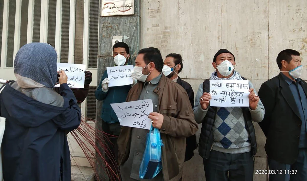 Indian protesters demand evacuation from Iran during a protest in front of the Indian embassy in Tehran on March 12, 2020. (Photo courtesy: Kayvann Shah)