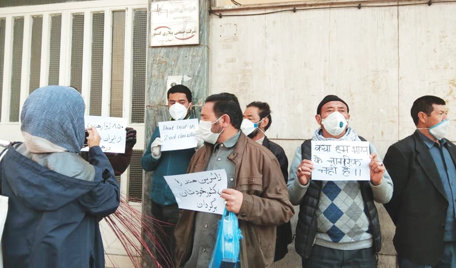 Indian nationals protest in front of their embassy in Tehran on Thursday. The coronavirus death toll has crossed 500 in Iran. (AN photo by Kayvann Shah)