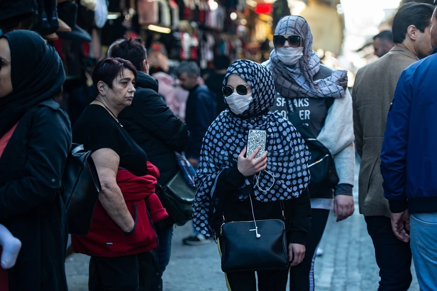 A women wearing facemasks walk near the Grand Bazaar in central Sultanahmet district of Istanbul, on March 13, 2020, during the COVID-19 outbreak. (File/AFP)