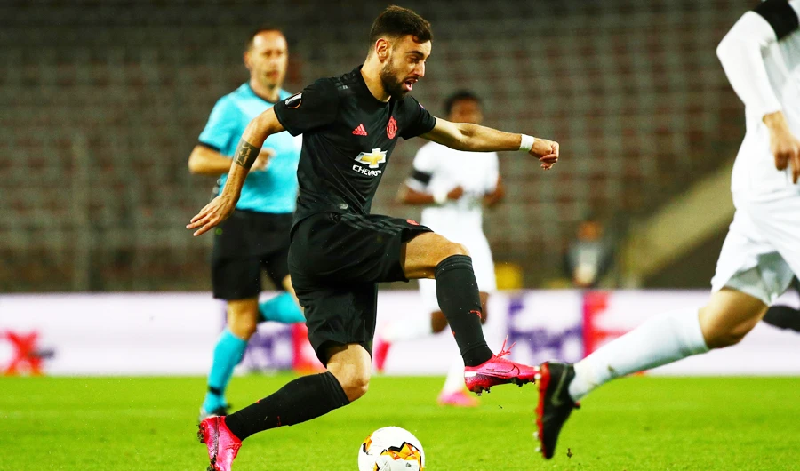 Manchester United's Bruno Fernandes in action. (REUTERS)