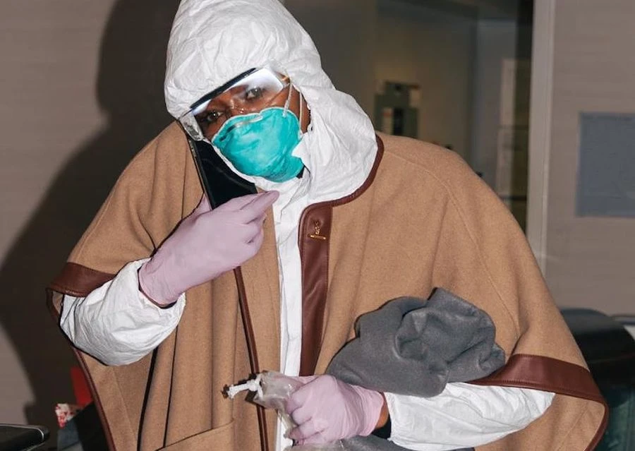 Naomi Campbell wore a full hazmat suit and googles. Instagram