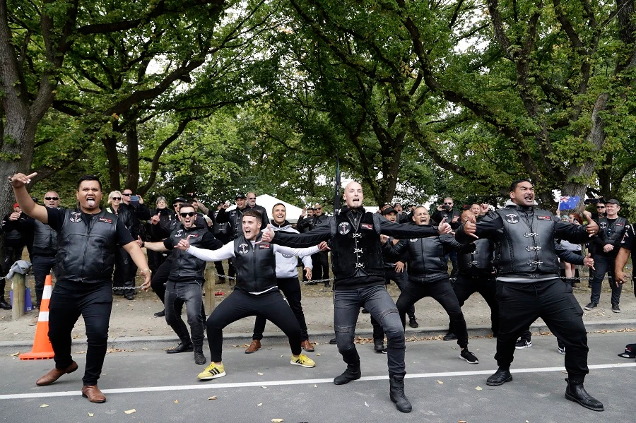 Members of the Tu Tangata motorcycle club perform a haka outside the Al Noor mosque in Christchurch, New Zealand, Sunday, March 15, 2020. (AP)