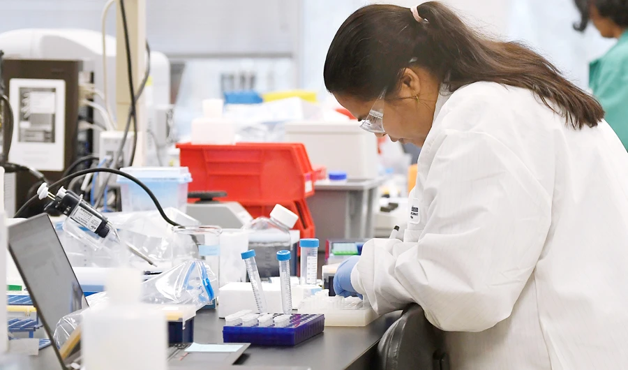 A researcher at Protein Sciences works in a lab, Thursday, March 12, 2020, in Meriden, Conn. The biotech company is currently researching a vaccine for COVID-19. (AP)