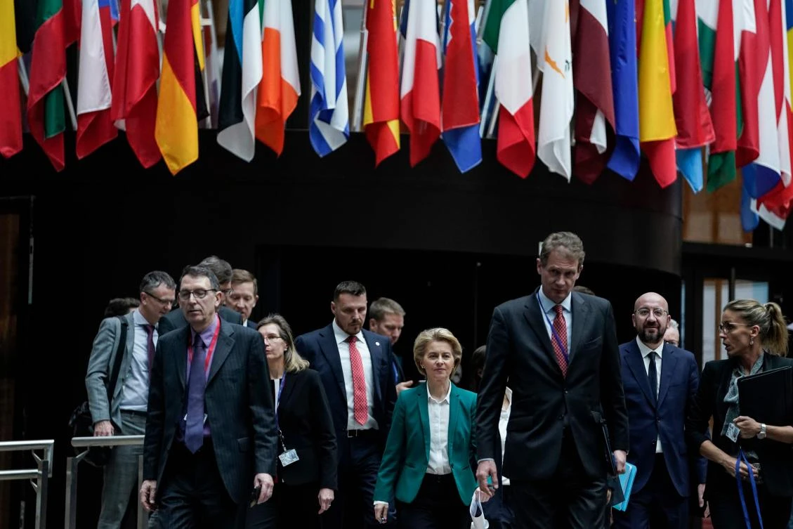EU President of Council Charles Michel, 2nd right, and EC President Ursula von der Leyen, center, arrive to give a press conference after a G7 Leaders’ videoconference on COVID-19, in Brussels. (AFP)