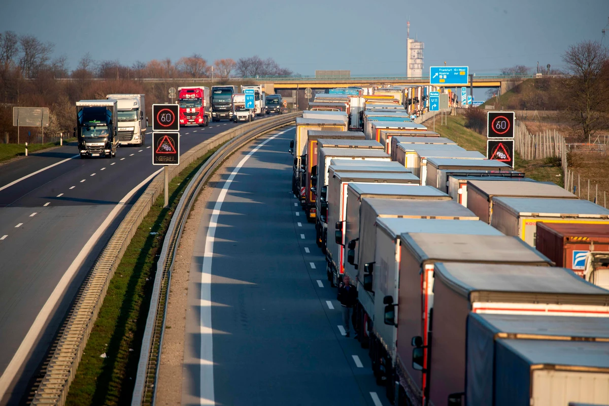 Trucks are stuck in a traffic jam stretching more than 65 km toward Berlin from the German-Polish border near the eastern German town of Frankfurt (Oder) due to travel restrictions to counteract the spread the new coronavirus COVID-19 on March 18, 2020. (AFP)