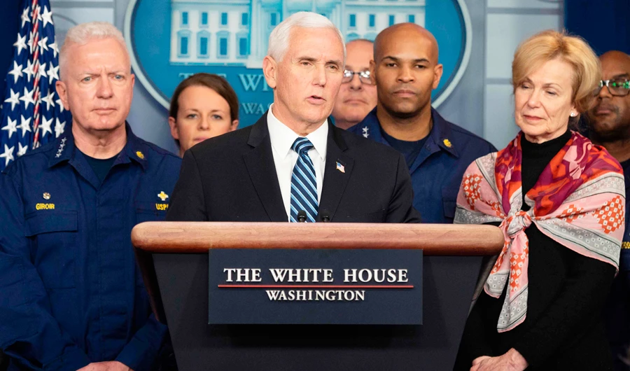 In this file photo taken on March 15, 2020 US Vice President Mike Pence, standing with members of the White House Coronavirus Task Force team, speaks during a press briefing in the press briefing room of the White House in Washington, DC. (AFP)