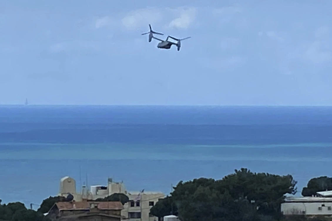 A US Marine Osprey is seen taking off from the US Embassy in Aukar, northeast of Beirut, Lebanon, Thursday, March 19, 2020. The aircraft took off a few hours before a US senator announced that Lebanese-American Amer Fakhoury, who had faced decades-old murder and torture charges in Lebanon, was freed from a prison in Lebanon. (AP)