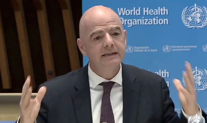 FIFA President Gianni Infantino speaking during a virtual news briefing to launch a WHO and FIFA joint awareness campaign to stop the spread of the COVID-19 on March 23, 2020. (AFP)