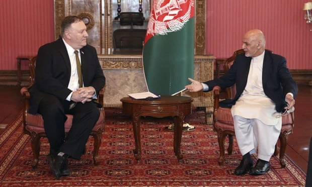 The US secretary of state, Mike Pompeo, meets the incumbent Afghan president, Ashraf Ghani, in Kabul on 23 March. (AP)