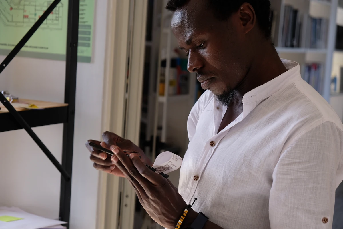 Longinos Nagila works on a new piece in 2020. A.R.M. Holding is the home of Residents and the program is supported by Tashkeel. (Photo courtesy: Lena Kassicieh)