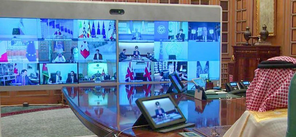King Salman presides over an extraordinary meeting of G20 leaders where all delegates put social distancing to the extreme in a virtual conference, with all delegates dialing in from around the world. (SPA)