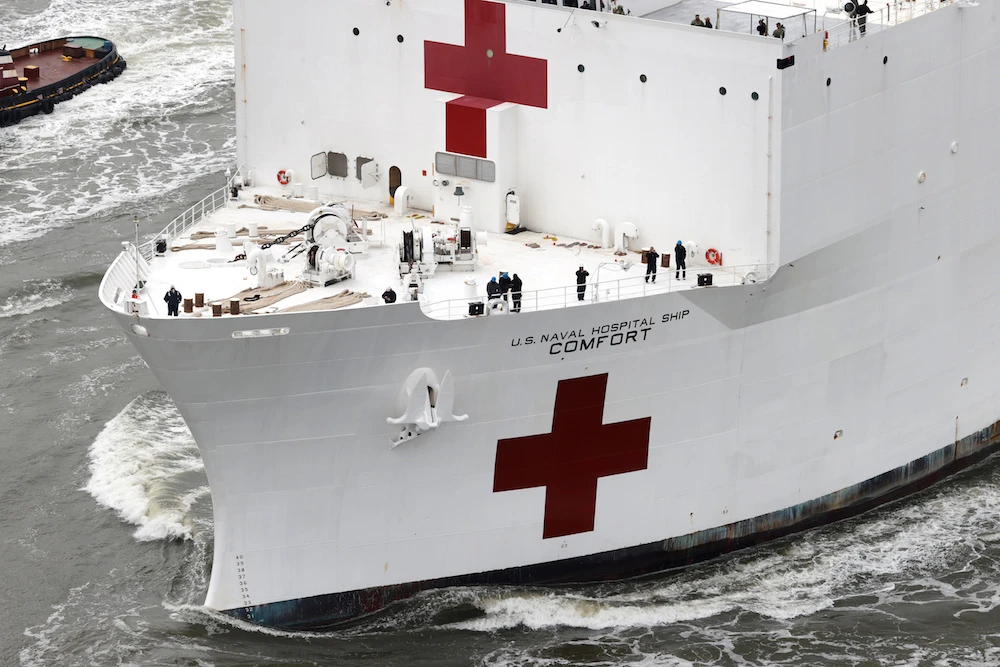 The USNS Comfort passes lower Manhattan in the New York Harbor during the outbreak of the coronavirus disease (COVID-19) in New York City, US, March 30, 2020. (Reuters)