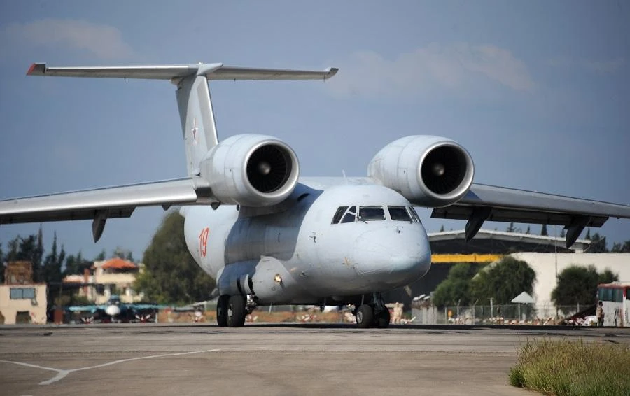 A Russian An-72 transport plane prepares to take off at the Russian military base of Hmeimim, located south-east of the city of Latakia in Hmeimim, Latakia Governorate, Syria, on September 26, 2019. (File/AFP)