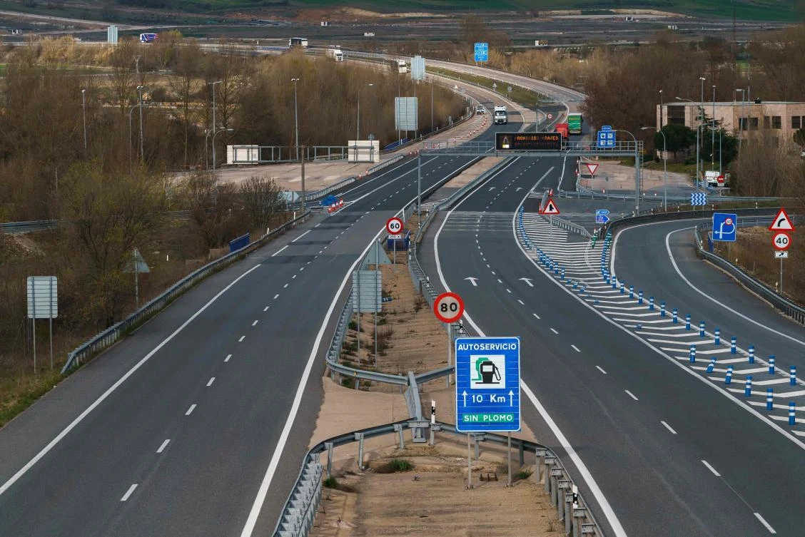 An almost empty A1 highway in Burgos, Castilla y Leon on March 30, 2020, on the day that all non-essential activities were ordered to halt trying to contain the coronavirus spread. (AFP)