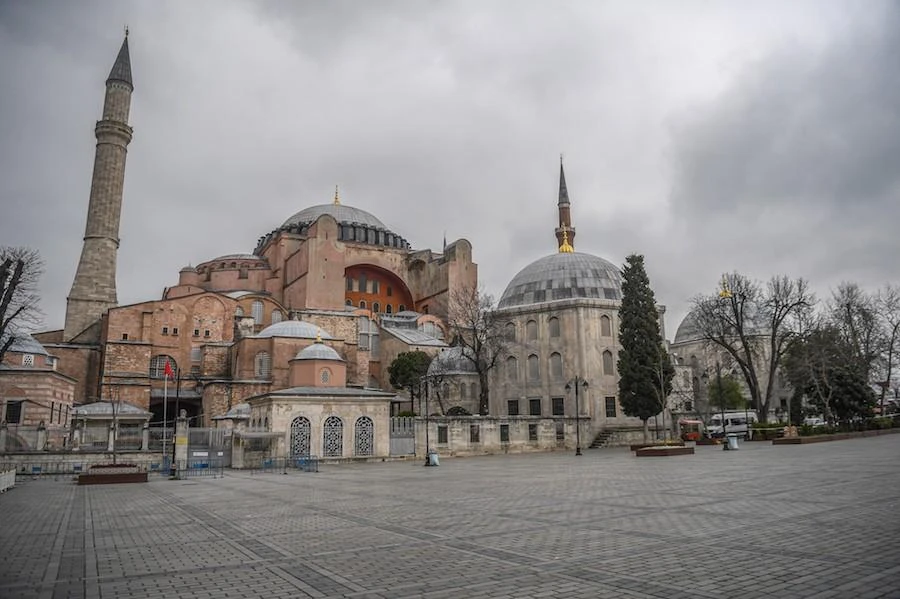 An empty square of the iconic Hagia Sophia in Istanbul after Turkish officials have repeatedly urged citizens to stay home and respect social distancing rules. (AFP)