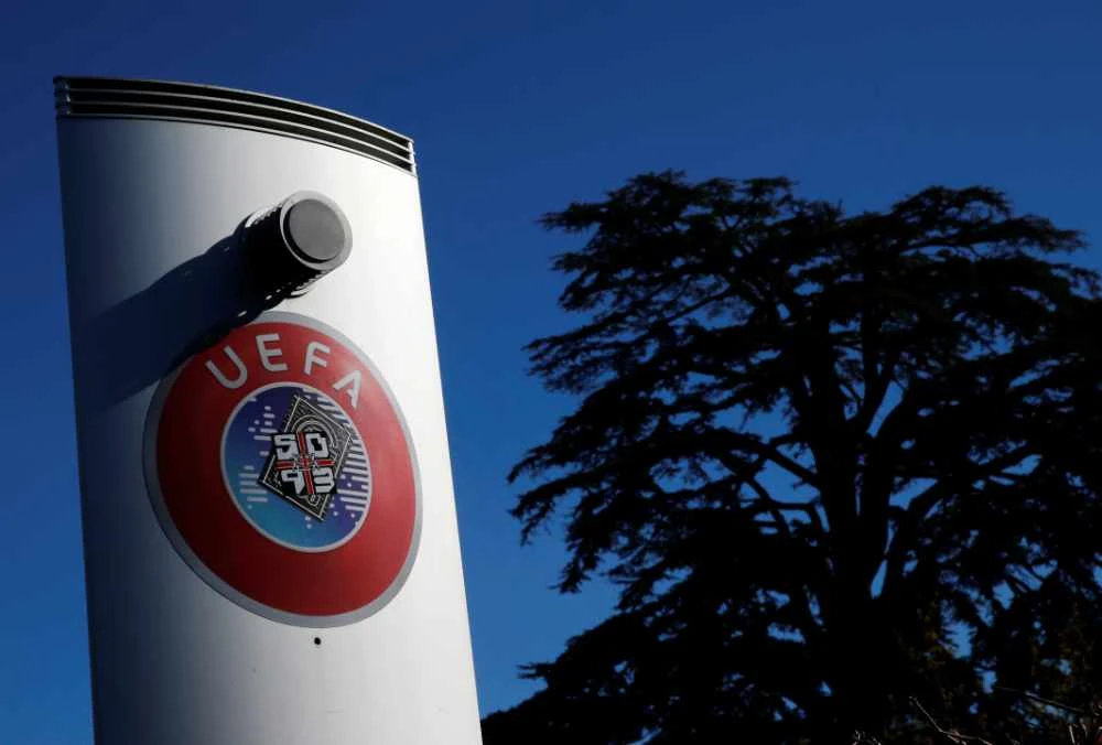 A logo is pictured outside the UEFA in Nyon, Switzerland, on Feb. 28, 2020. (REUTERS/Denis Balibouse)