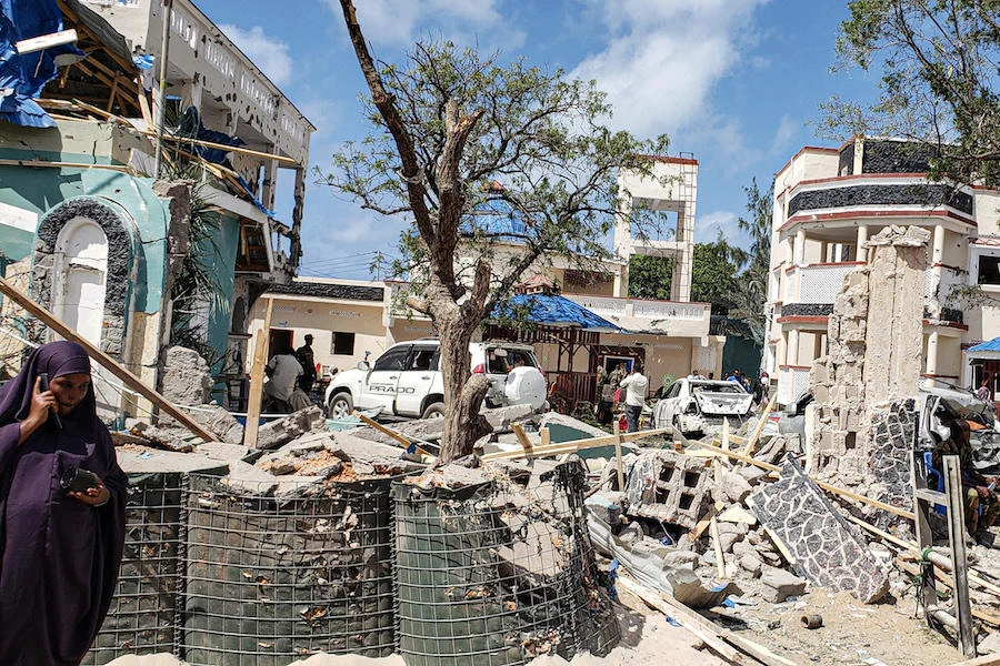 A view taken on July 13, 2019 shows the rubbles of the popular Medina hotel of Kismayo, a day after at least 26 people, including several foreigners, were killed and 56 injured in a suicide bomb and gun attack claimed by Al-Shabaab militants. (AFP)