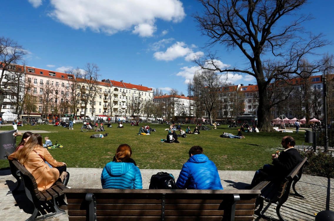 Germany’s coronavirus cases climbed for the second straight day after four previous days of drops. Above, people relax at the Boxhagener Platz square in Berlin on April 4, 2020. (Reuters)