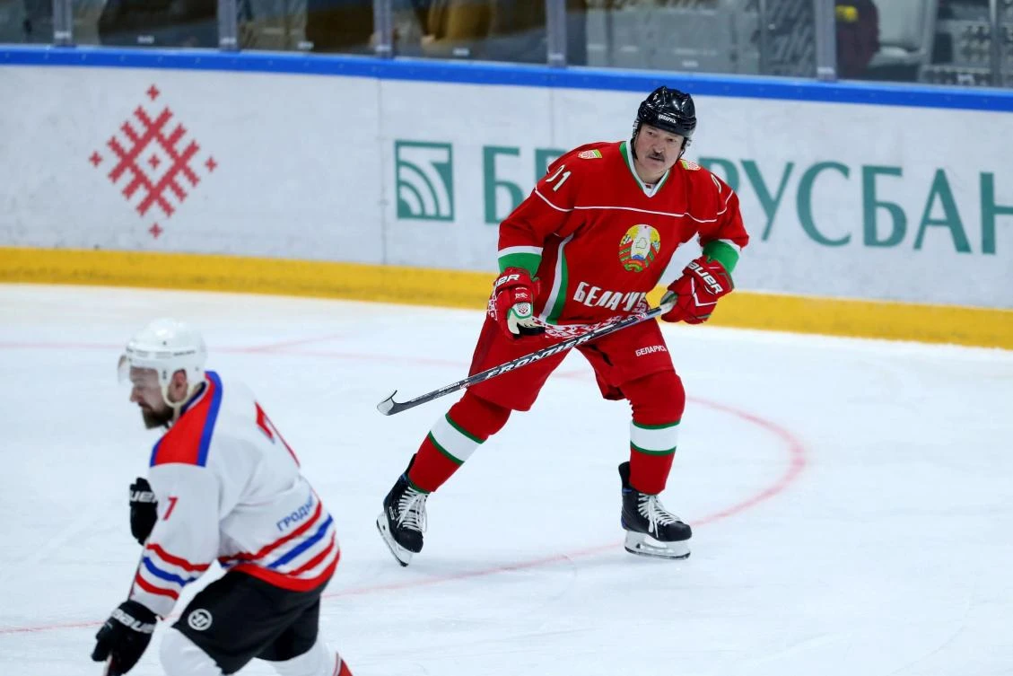 Belarusian President Alexander Lukashenko plays in an ice hockey game in Minsk, last month. (Reuters)