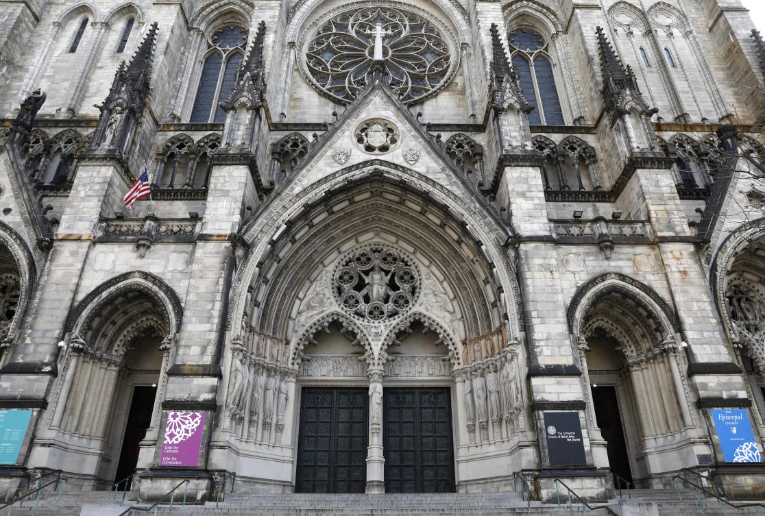 A general view of the entrance of the Cathedral Church of St. John the Divine on Manhattan's Upper West Side York City, New York, US, April 7, 2020. (Reuters)