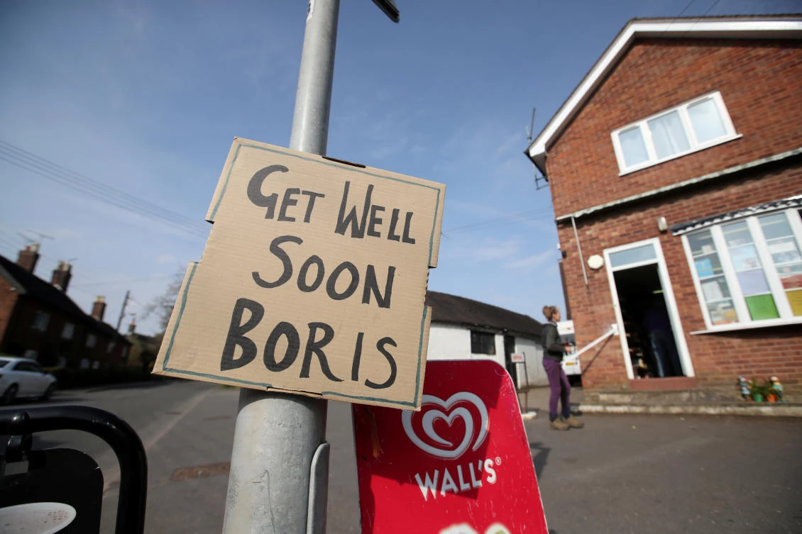 A sign of support for British Prime Minister Boris Johnson, who has been in hospital since Monday as the spread of the coronavirus disease (COVID-19) continues. (Reuters)